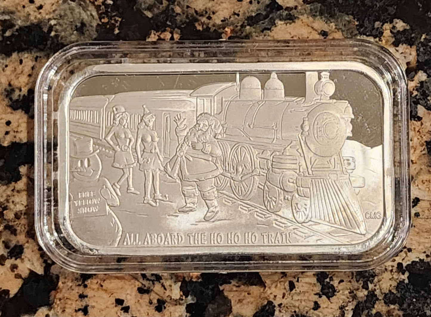 Christmas Ho Ho Ho Train Sexy 1 Oz .999 CMG Mint Silver Art Bar Rare w/ COA