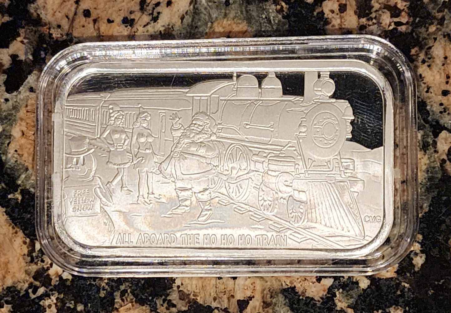 Christmas Ho Ho Ho Train Sexy 1 Oz .999 CMG Mint Silver Art Bar Rare w/ COA