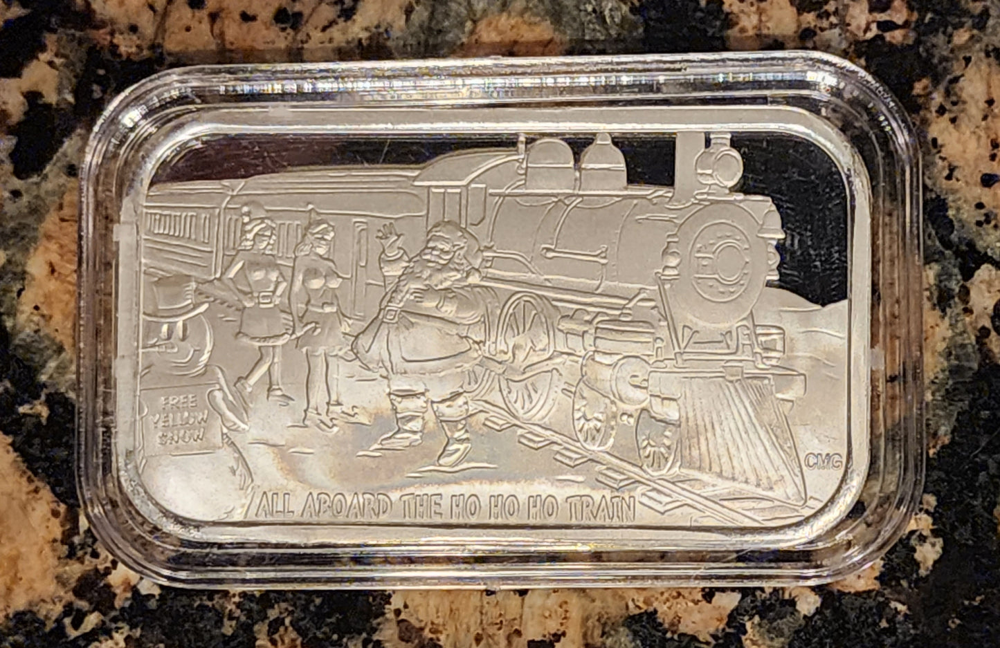 Christmas Ho Ho Ho Train Sexy 1 Oz .999 CMG Mint Silver Art Bar Rare w/ COA