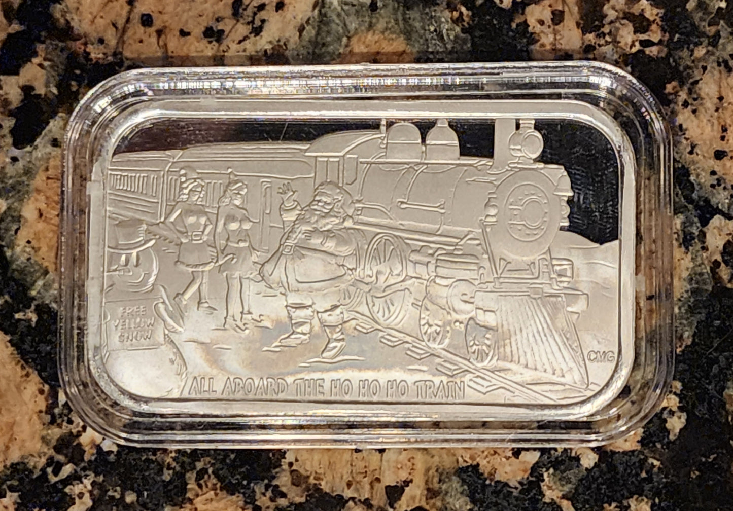Christmas Ho Ho Ho Train Sexy 1 Oz .999 CMG Mint Silver Art Bar Rare w/ COA