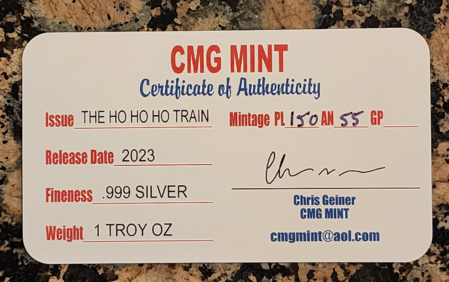 Christmas Ho Ho Ho Train Sexy 1 Oz .999 CMG Mint Silver Art Bar Rare w/ COA
