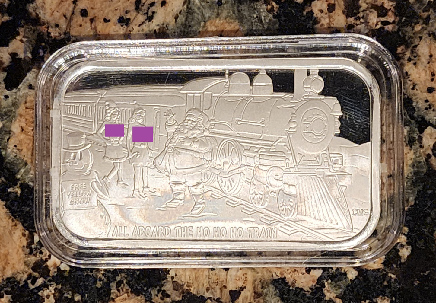 Christmas Ho Ho Ho Train Sexy 1 Oz .999 CMG Mint Silver Art Bar Rare w/ COA
