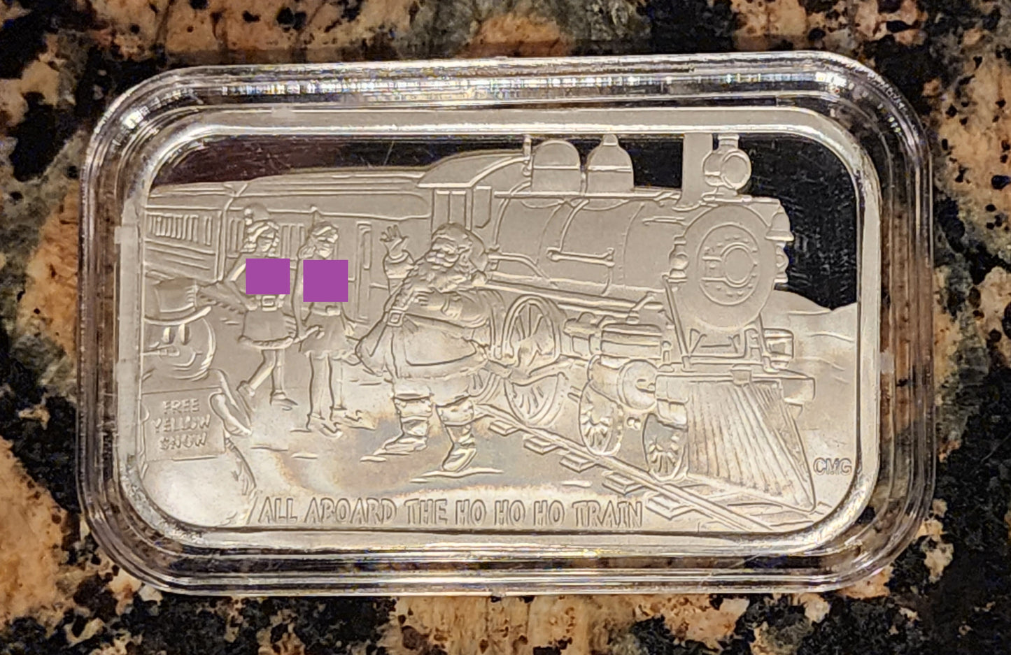 Christmas Ho Ho Ho Train Sexy 1 Oz .999 CMG Mint Silver Art Bar Rare w/ COA