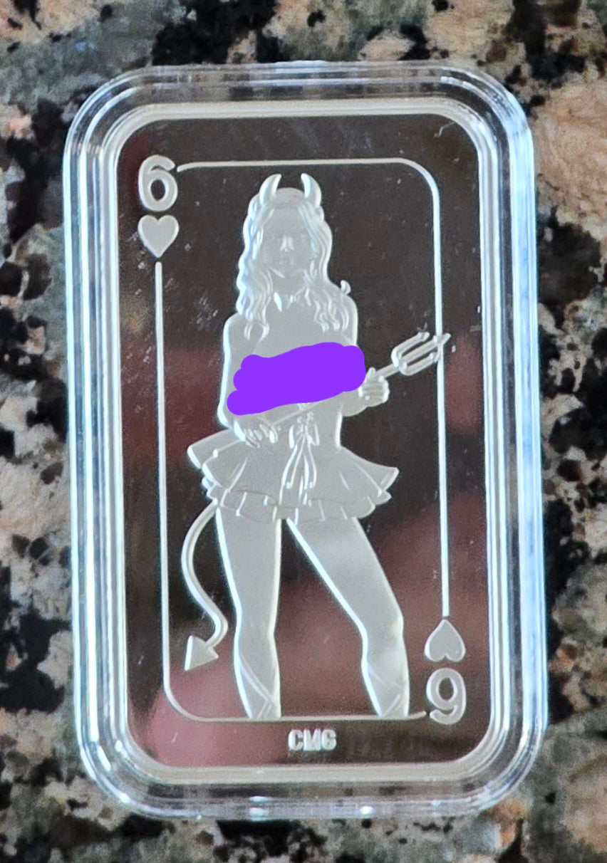 6 of Hearts GIrl 1 Oz .999 Silver Sexy Art Bar Rare 100 mintage w/ COA