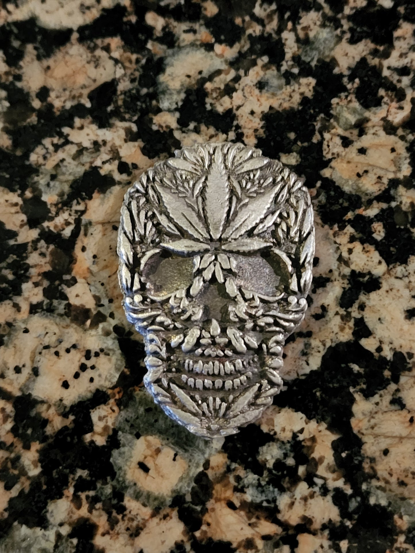Grim Reefer Cannabis Skull 1.2 Oz .999 Hand Poured Silver Art Bar Mintage 100 w/ COA
