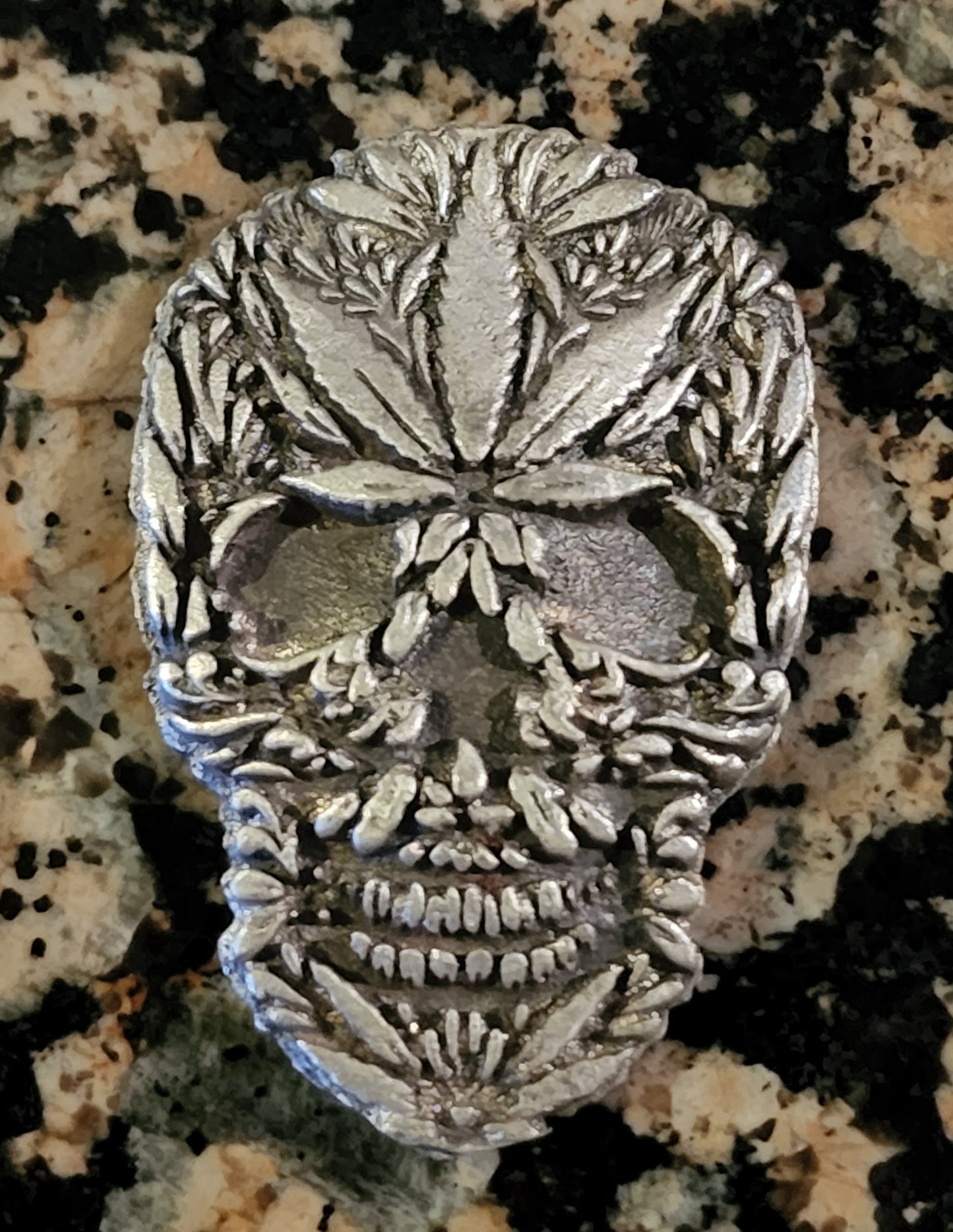 Grim Reefer Cannabis Skull 1.2 Oz .999 Hand Poured Silver Art Bar Mintage 100 w/ COA