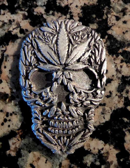 Grim Reefer Cannabis Skull 1.2 Oz .999 Hand Poured Silver Art Bar Mintage 100 w/ COA