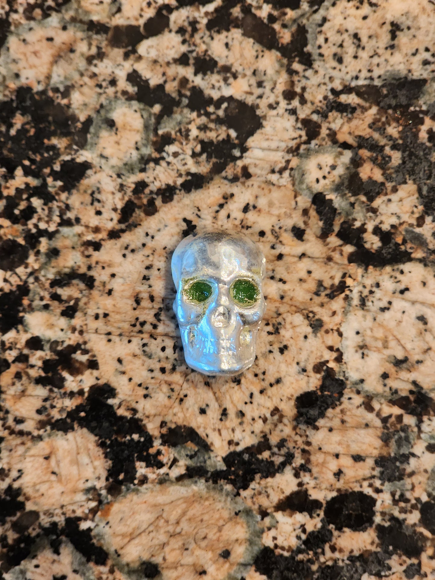 Silver Skull - Hand Enameled - Ole Green Eyes - 1 Oz Poured .999 Fine Silver Bar w/ COA