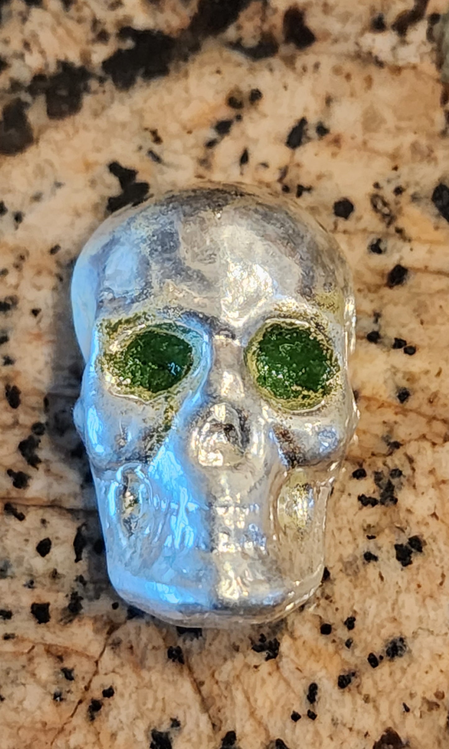 Silver Skull - Hand Enameled - Ole Green Eyes - 1 Oz Poured .999 Fine Silver Bar w/ COA