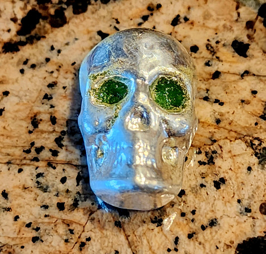 Silver Skull - Hand Enameled - Ole Green Eyes - 1 Oz Poured .999 Fine Silver Bar w/ COA