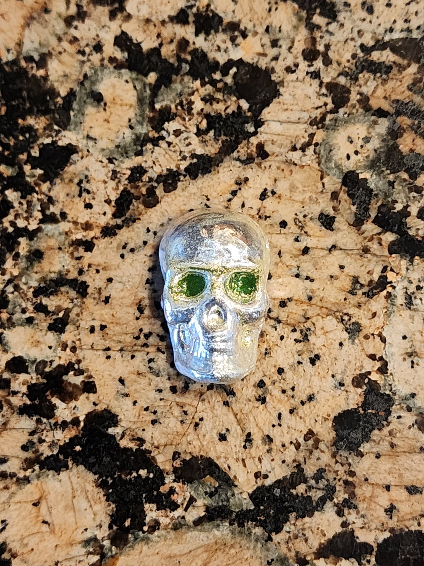 Silver Skull - Hand Enameled - Ole Green Eyes - 1 Oz Poured .999 Fine Silver Bar w/ COA