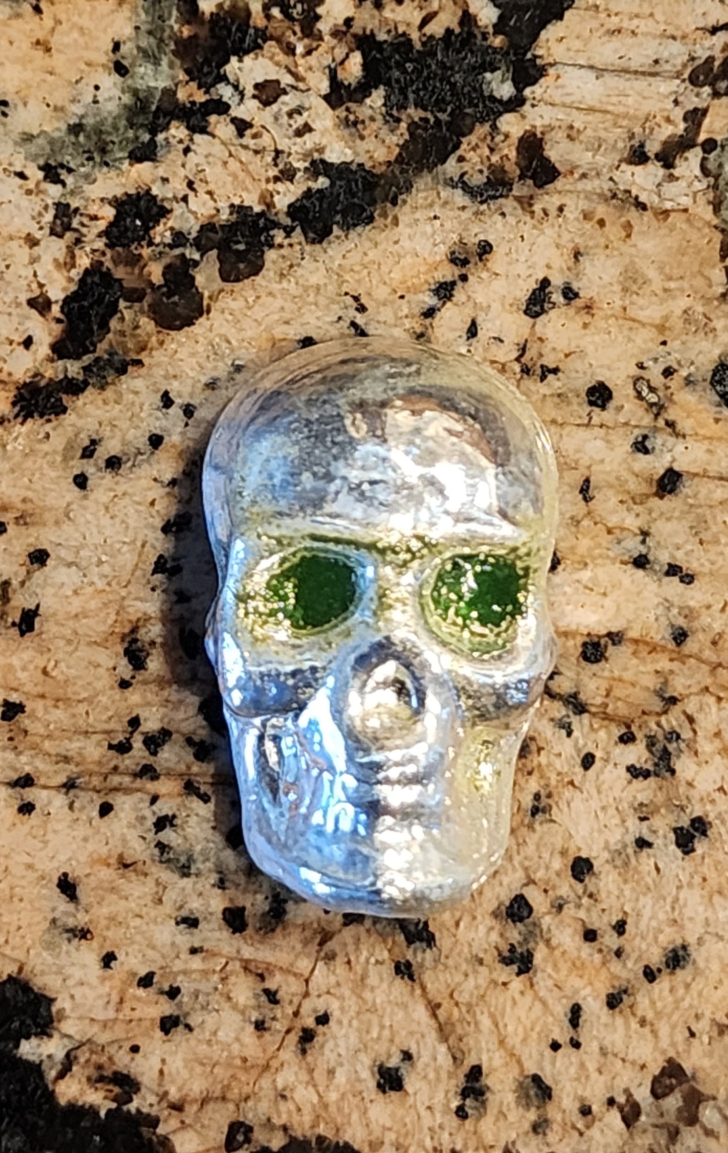 Silver Skull - Hand Enameled - Ole Green Eyes - 1 Oz Poured .999 Fine Silver Bar w/ COA