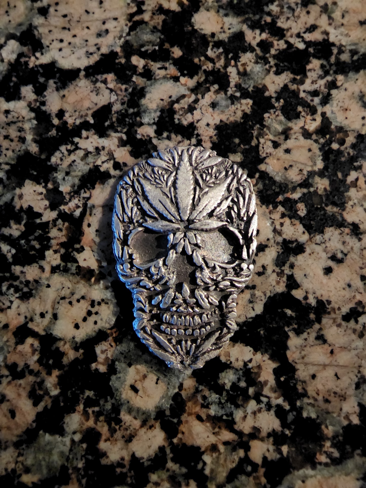 Grim Reefer Cannabis Skull 1.2 Oz .999 Hand Poured Silver Art Bar Mintage 100 w/ COA