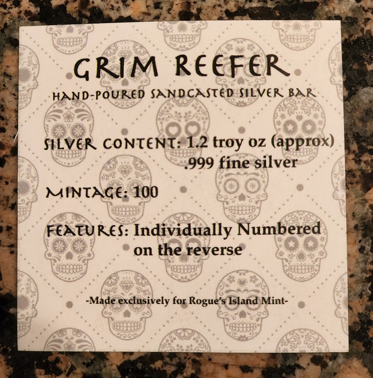 Grim Reefer Cannabis Skull 1.2 Oz .999 Hand Poured Silver Art Bar Mintage 100 w/ COA