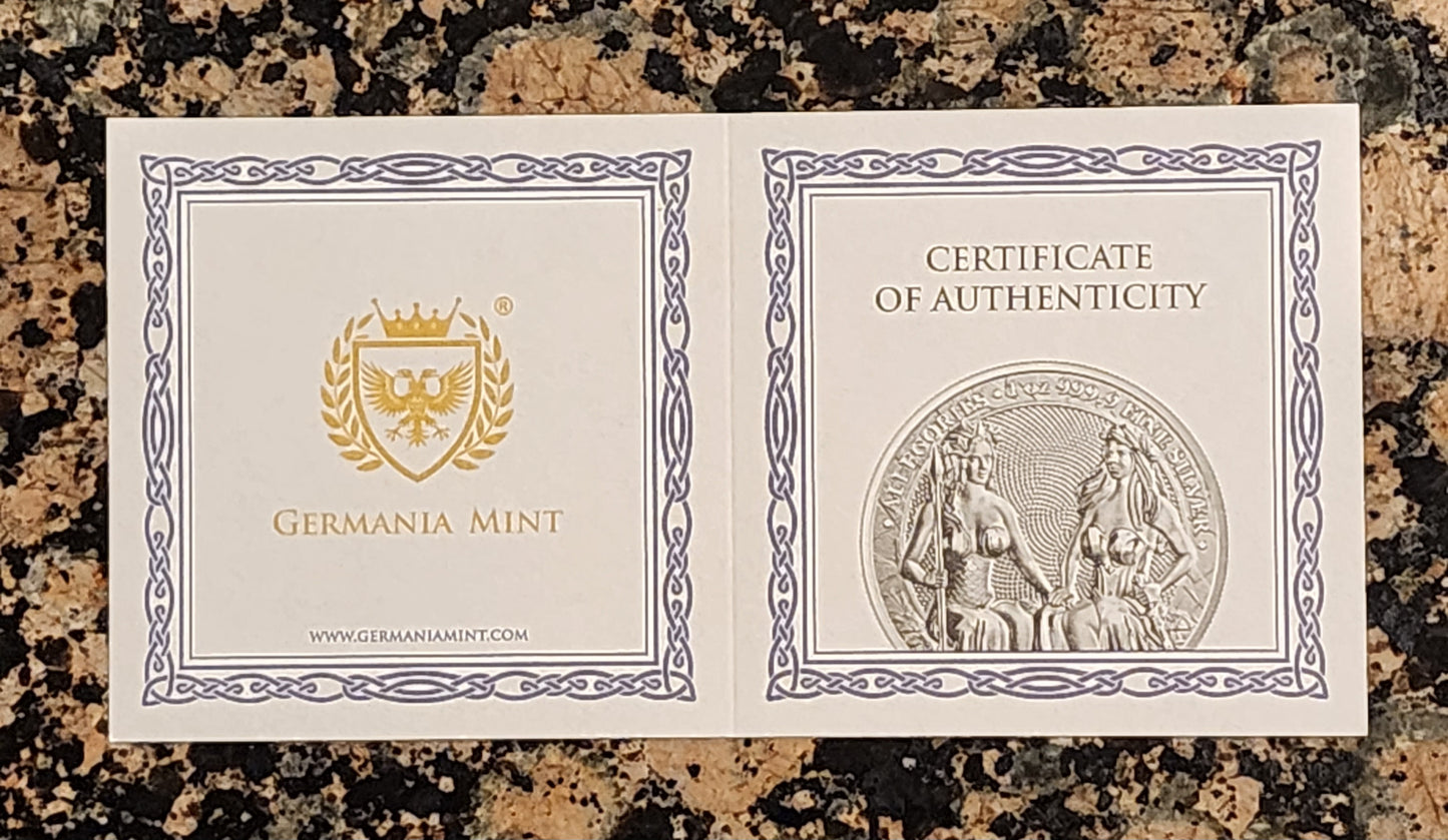 2021 AUSTRIA & GERMANIA THE ALLEGORIES 1 oz .9999 Silver BU Coin in capsule w/ COA - 25,000 Minted